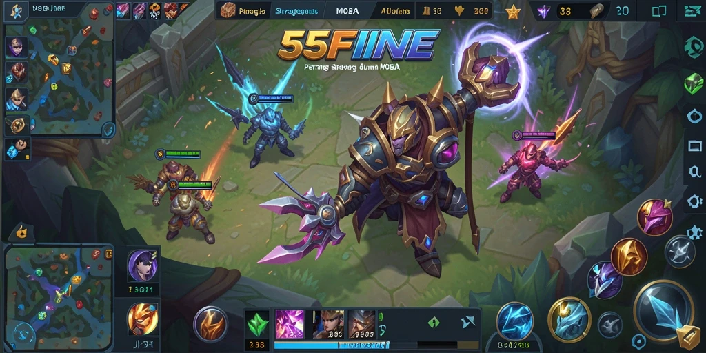 Screenshot gameplay MOBA dengan karakter bertarung di arena.