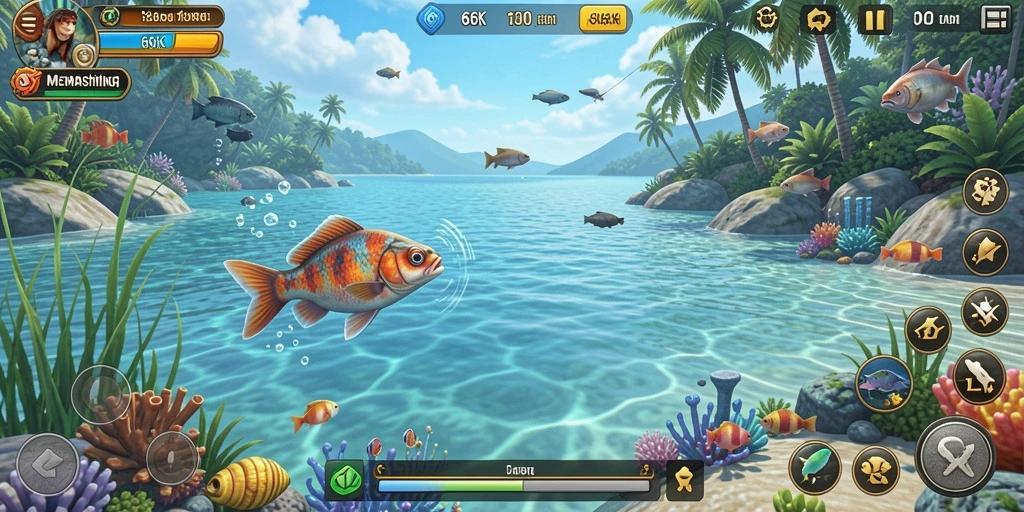 Tampilan gameplay 66K dengan berbagai jenis ikan dan lokasi memancing.