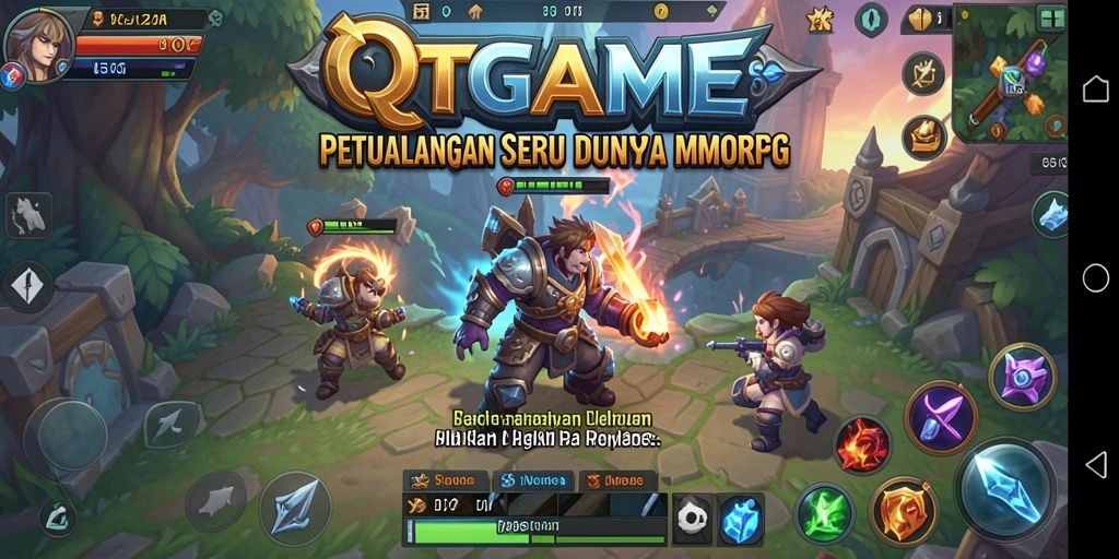 Tangkapan layar utama QTGAME menampilkan pertarungan epik dalam dunia MMORPG.